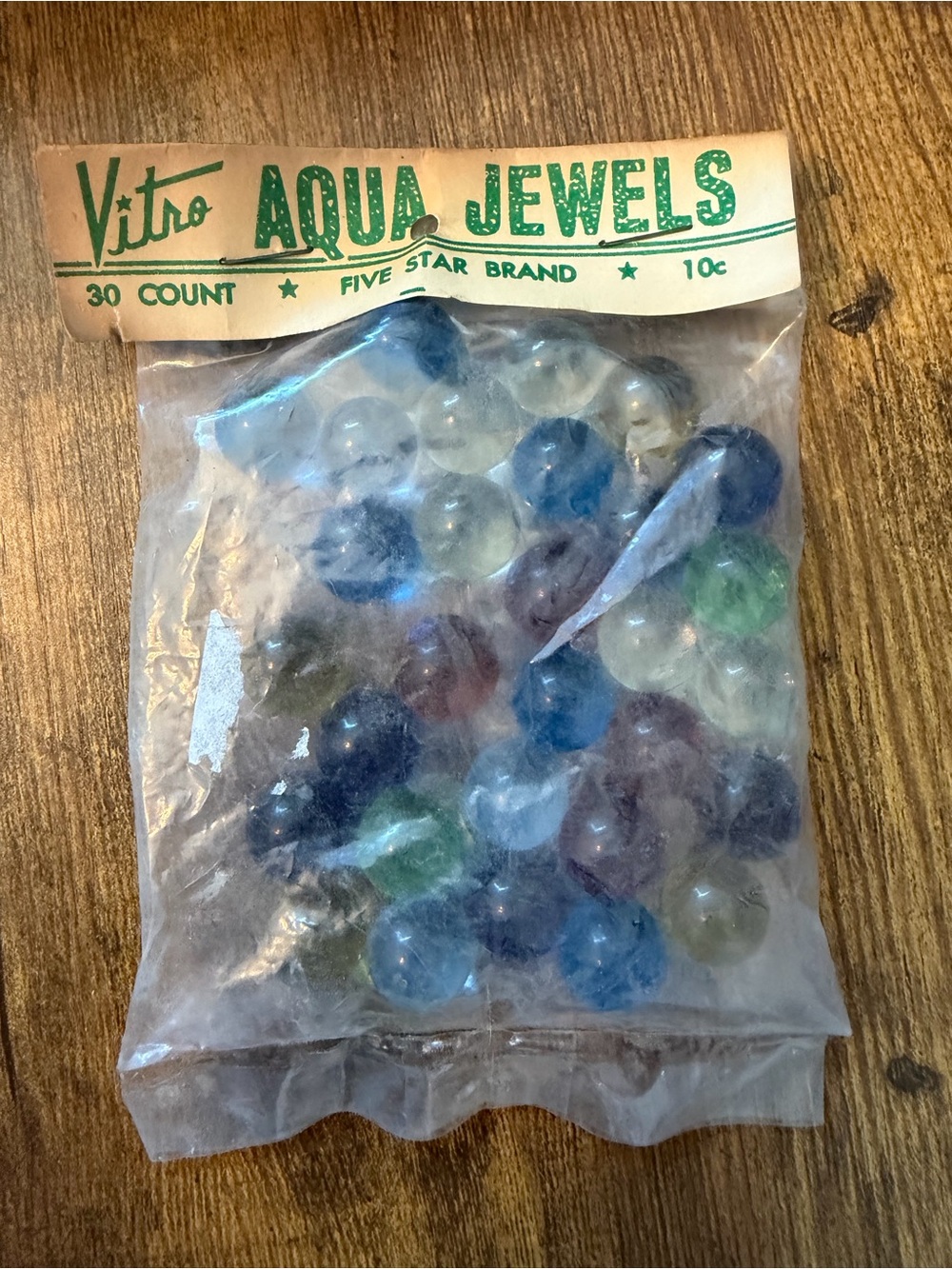 Vintage Vitro Aqua Jewels 30 Count Five Star Brand Marbles Sealed 10¢ Bag USA